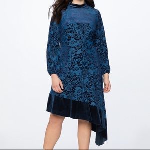 Eloquii mock neck velvet print blue asym dress
